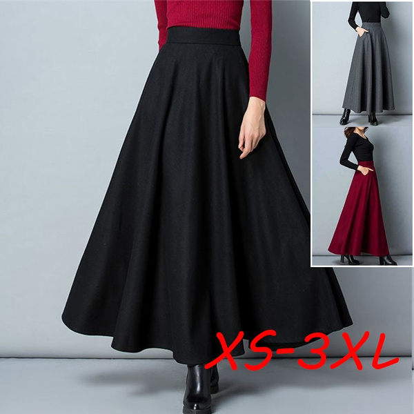 Winter Women Long Woolen Skirt Fashion High Waist Basic Wool