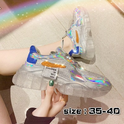 Metallic PU Leather 2019 Winter-Fall Jelly Sneakers Women の Casual Running Shoes Chunky Clear PVC Sole Starry Sequin 
