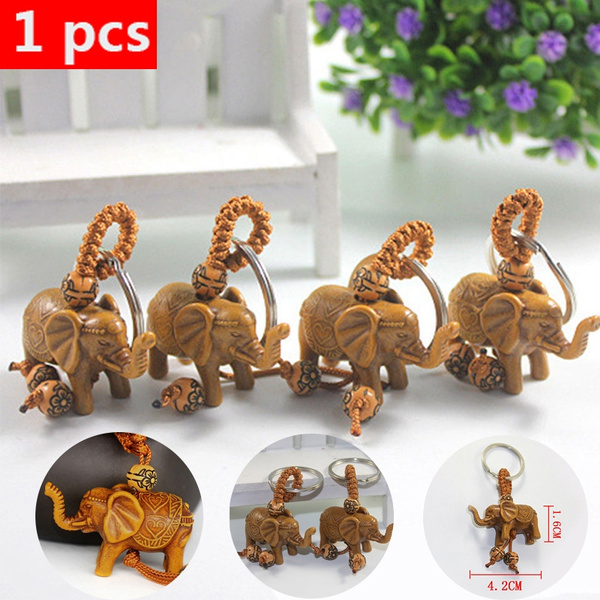 Elephant Carving Wooden Pendant Keychain Key Ring Chain Evil Defend Antique Gift 