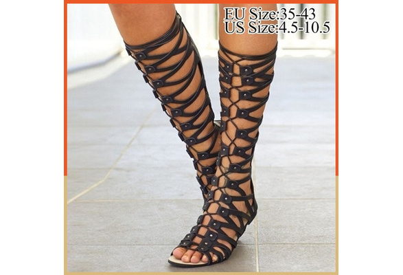 Women Summer Ladies Strappy Gladiator Sandals Knee High Boots Flat Casual Shoes 