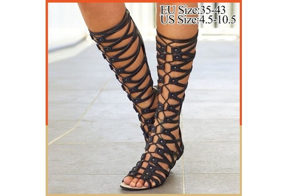 Women Summer Ladies Strappy Gladiator Sandals Knee High Boots Flat Casual Shoes Women Summer Ladies Strappy Gladiator Sandals Knee High Boots Flat Casual Shoes