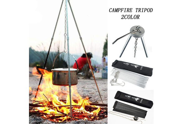 Portable Camping Picnic Tripod Cooking Grill Fire Pot Pan Holder Outdoor Chain 