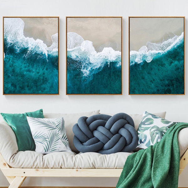 3Pcs Blue Sea Canvas Wall Art Ocean Pictures For Home Bedroom Living Room Decor 