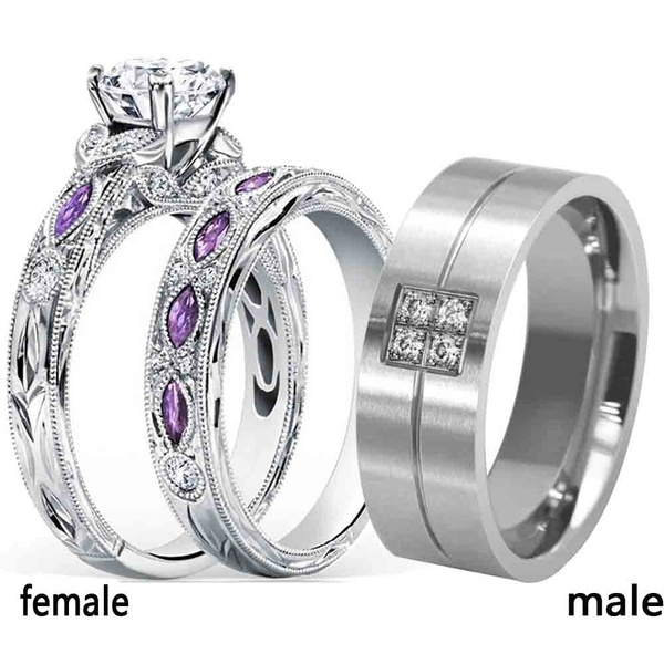 Couple Rings Titanium Steel CZ Mens Ring White Gold Filled Women's Wedding Ring 