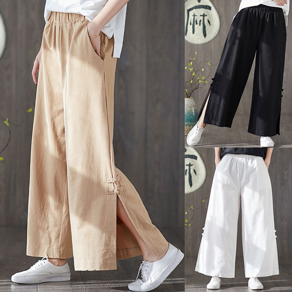 On Sale Summer Autumn Korean Fashion Pants Women Wide Leg Pants Croped  Solid Color Trousers Elastic Waist Pants