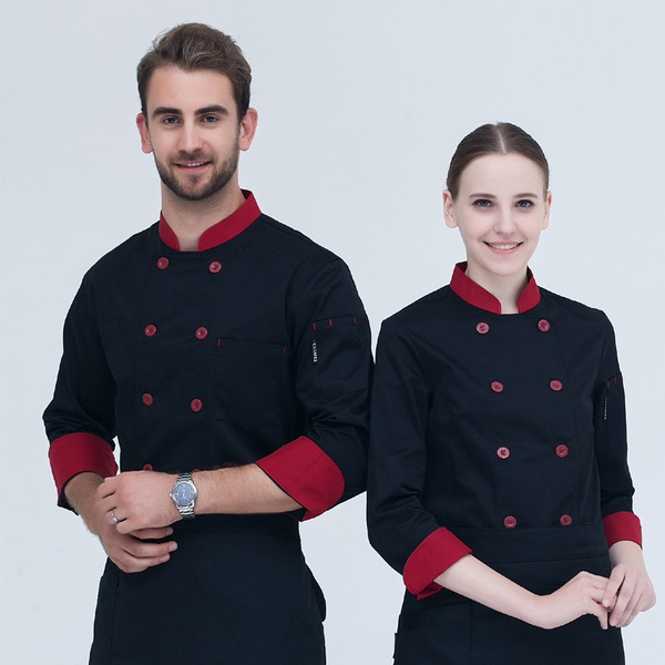 Long Sleeve Kitchen Cook Working Uniform Chef Waiter Waitress Coat Jacket Red 