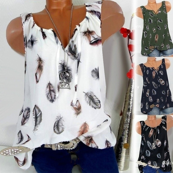 Women&amp;amp;#39;s Summer Tops Blusa New Leisure Blouse Tops White Loose Feather Print V Neck Shirts |