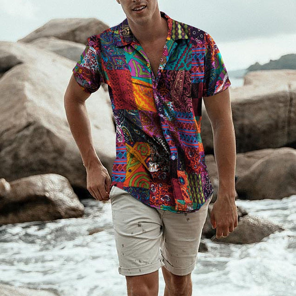 Camisa Hawaiana De Manga Corta Étnica Con Estampado De Manga Camisa Hawaiana De Manga Corta Étnica Con Estampado De Manga
