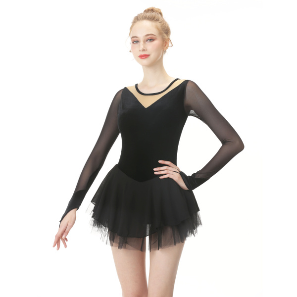 Black Figure Skating Dress,Long-Sleeved Ice Skating Skirt,Fingerpoint Sleeves Spandex Competition Dresses Mesh Skirt 