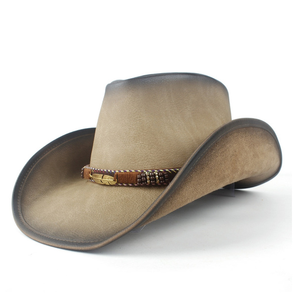 100% Leather Men Western Cowboy Hat For Gentleman Dad Sombrero Hombre Caps  Size 58