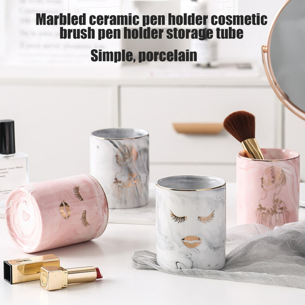 1pc Ceramic Pen Holder Marble Texture Pencil Cup Pot Desk Organizer Makeup  Brush Holder
