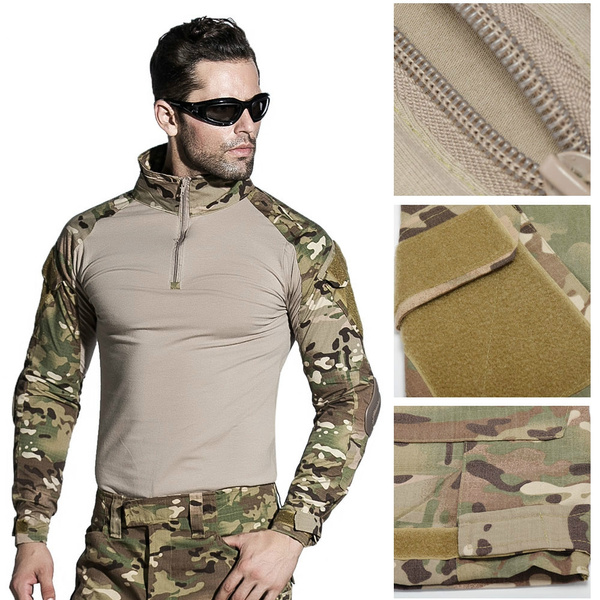 Mens Army Tactical Military Camo Uniform Airsoft Combat Long Sleeve T Shirt Tops 