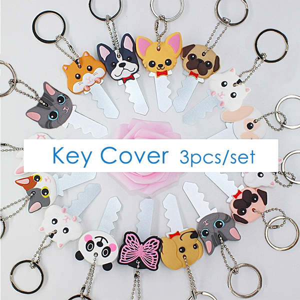 Soft Rubber Cute Pet Puppy Pug Cat Rabbit Key Cover Cap Case Keychain Key Ring C