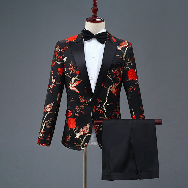 Mens Embroidered Tuxedo Suit Peak Lapel Blazer Wedding Prom Chinese Asian  Dinner Coat Jacket Pants Trousers