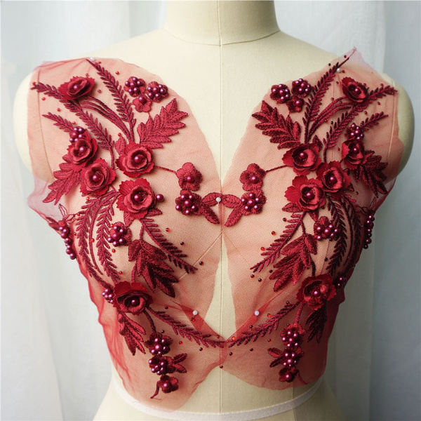 2Pcs Wine red Embroidery Pearl Lace Applique Sewing Flower Mesh Net Trim  Fabric Collar Patch Wedding Gown Bridal DIY