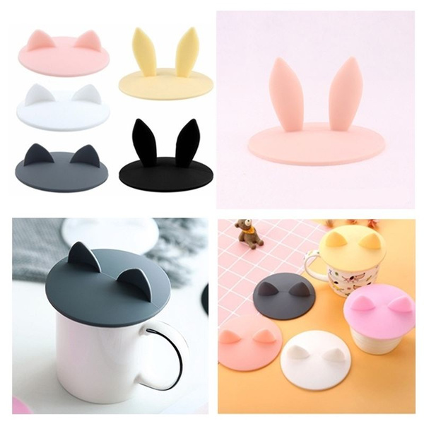 2type 6color Silicone Rabbit Cat Ear Cup Cover Leak Proof Seal Dust-proof  lid For Glass Ceramic Plastic Mug 1pcs