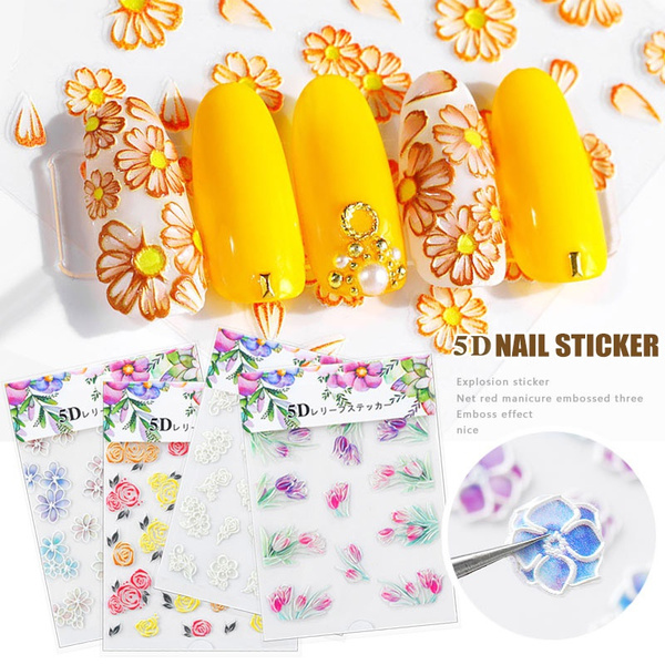 1 piece 5d engraved nails sticker flower template decals diy manicure decor tools wish