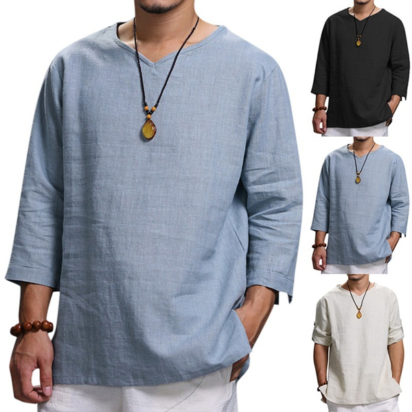 Men Baggy Cotton Linen Pocket Solid Long Sleeve Retro T Shirts Top Blouse Tee GU