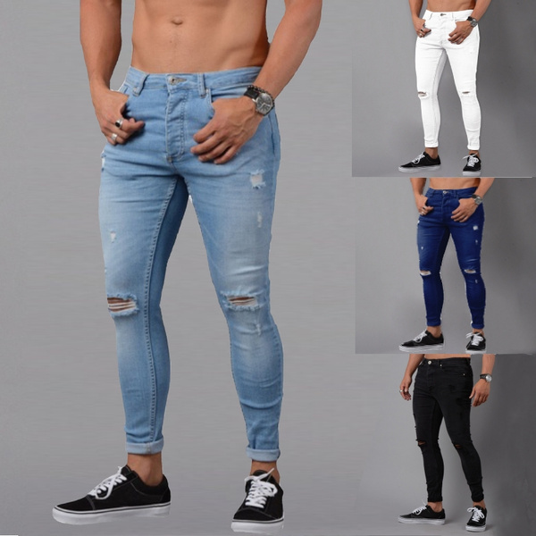 Men's Fashion Knee Hole Ripped Jeans Style Slim Fit Jeans Distressed Casual Jeans Trousers Wish