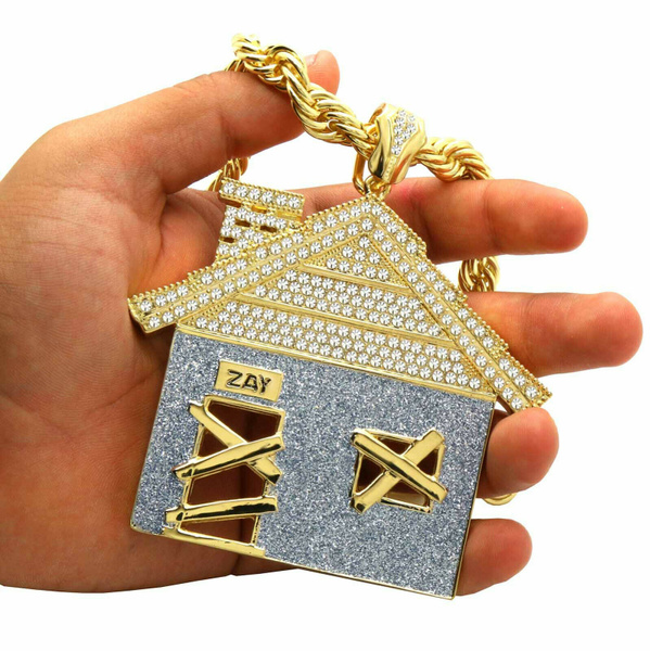 Mens 14k Gold Plated Huge Trap House Pendant / 10mm 24 inch or 30" Rope