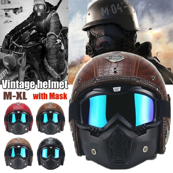 Fang Shan PU Leather Helmet 3/4 Motorcycle Chopper Bicycle Helmet Vintage Motorcycle Helmet and Goggles Mask
