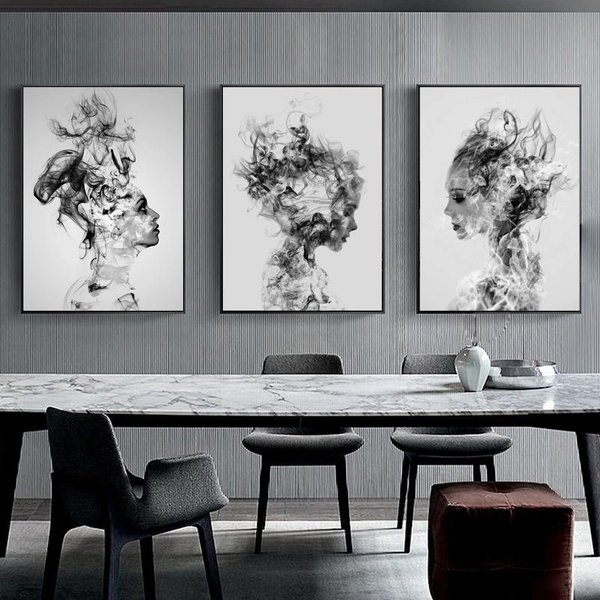 3pcs Set Modern Abstract Cloud Smog Girl Portrait Canvas Art Painting Black And White Wall Poster Nordic Minimalist Pictures For Living Room Bedroom Home Decor No Frame Wish - Black And White Canvas Wall Art Sets