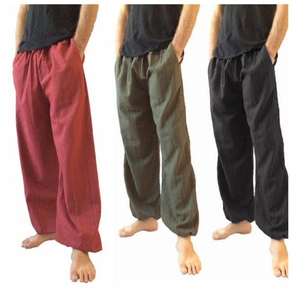 Cotton Contrast Border Cargo Pants Mens Bohemian Hippy Straight Leg Trousers  | eBay