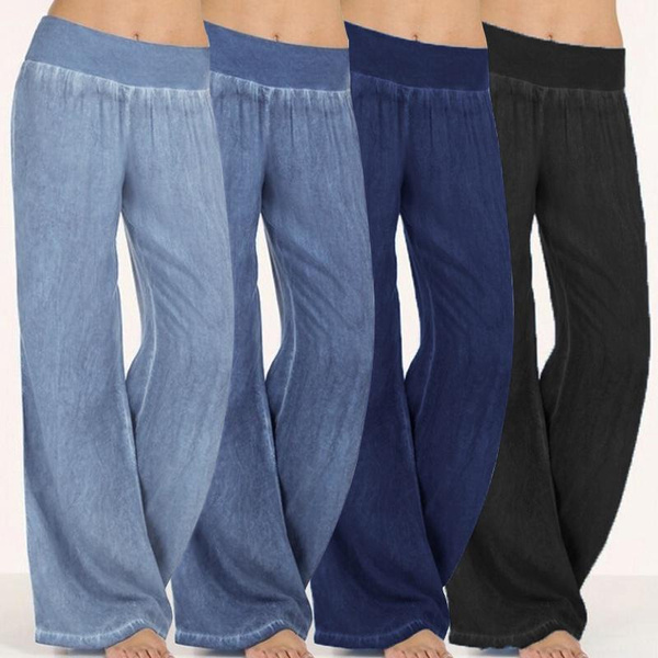 Plus Size Faux Denim Wide Leg Pants Women Jeans Ladies High