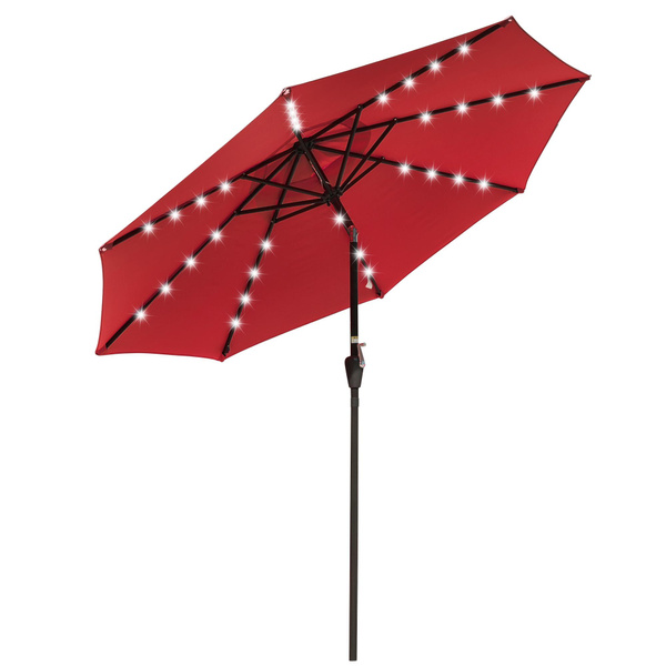 Andyes 9 Solar Powered Led Patio Umbrella Uv30 With 32 Lights 8 Ribs Crank Tilt For Patio Garden Deck Cafe Red Wish