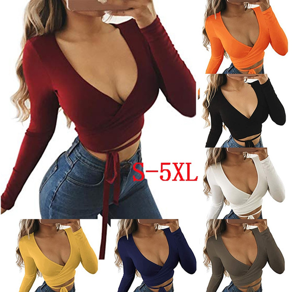 women's deep v neck long sleeve bandage cross wrap tie up crop top