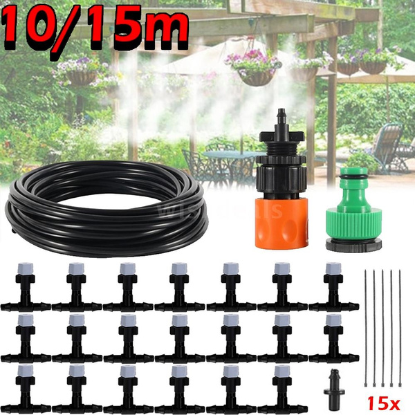 10/15m Adjustable Misting Cooling Irrigation System Watering Kit Hose Nozzle Plug Connecter