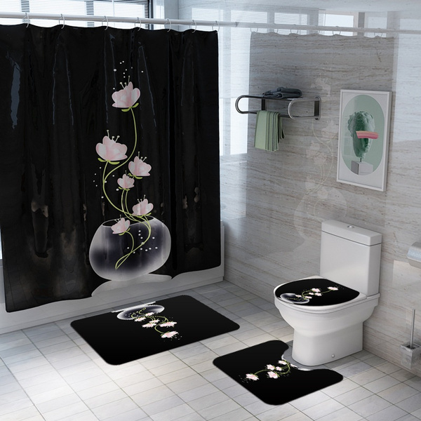 Cool Black Background Flower Vase Pattern Home Bathroom Decor Waterproof Bathroom Shower Curtain Toilet Seat Cover Mat Non Slip Pedestal Rug Bath Mat Wish