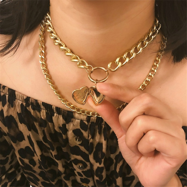 Punk multi-layer heart pendant Necklace for women Thick Chain Golden or Silver photo holder choker Necklace Women Jewelry | Wish