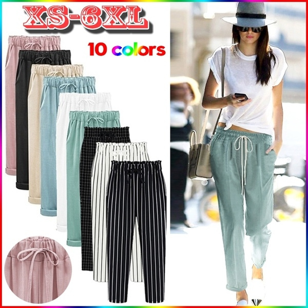 New Women Trousers Linen Cotton Solid Casual Pants Plus Size Ladies Pants  Loose Harem Candy Color Pants Trousers with Pocket XS-6XL