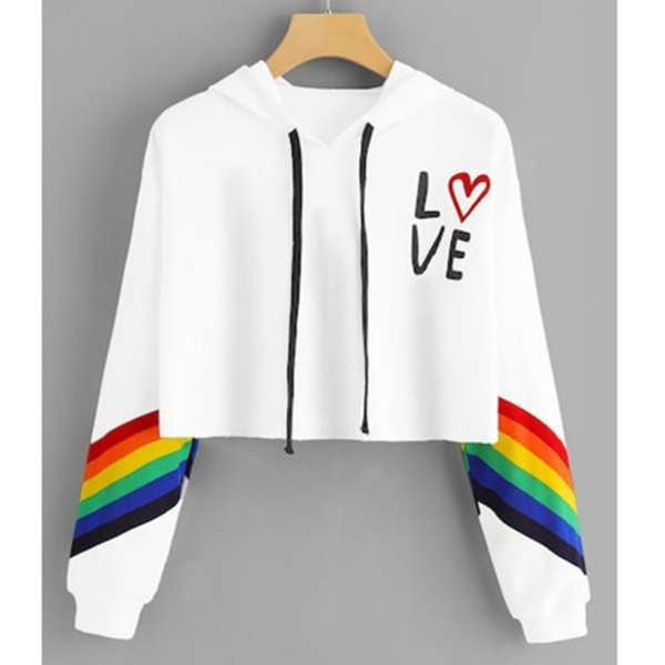 Zantt Women Crop Tops Long Sleeve Rainbow Print Pullover Hooded Sweatshirts