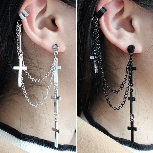 1Pcs Mens Punk Gothic Long Chain Cross Zipper Stud Drop Earrings Women Jewelry 