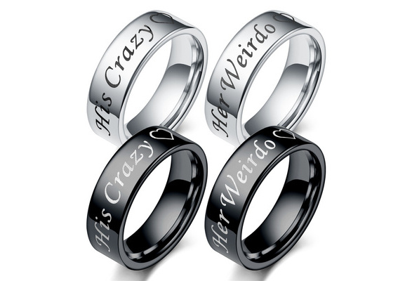 fashionlife2018 Couple Rings Wedding Band Anniversary Engagement His and Her Promise Ring His Crazy Her Weirdo Black Titanium Steel Ring 6mm