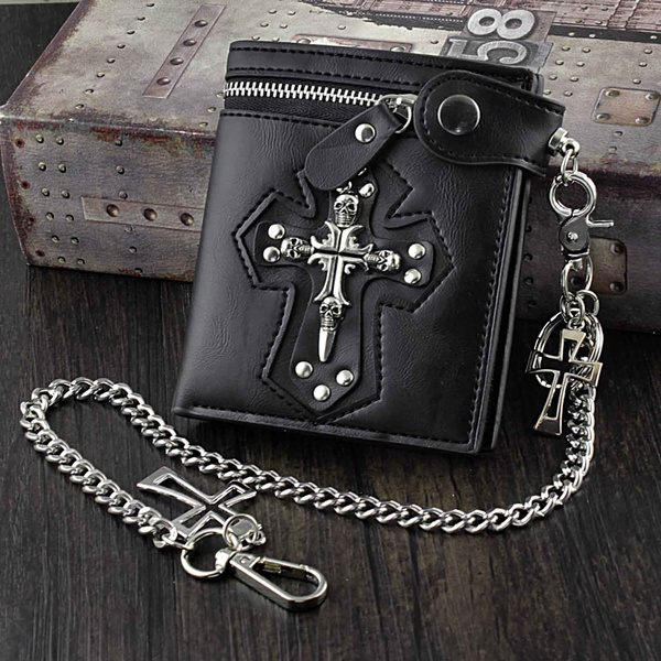 Steampunk Gothic Cross Biker Real Leather Long Wallet With Metal Chain 