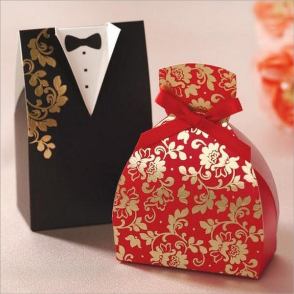 100pcs Fête de Mariage Collier Groom Tuxedo et Robe de mariée Bonbons Boîte Cadeau Avec Ruban