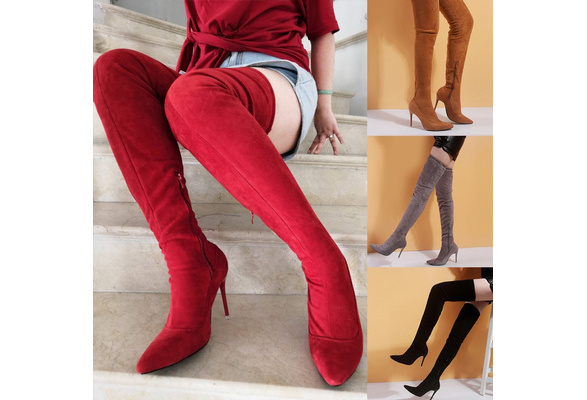 Details about   41 42 43 Women's Faux Suede Over The Knee Boots Stretchy Thigh High Heel Boots D 