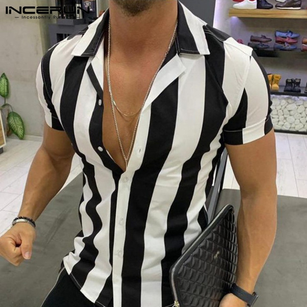 Men's Slim Fit Striped Shirt Lapel Button T Shirt Social Vacation/Leisure/Business | Wish