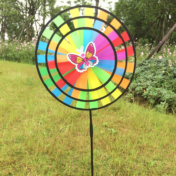 36cm Colorful Rainbow Triple Wheel Wind Spinner Windmill Garden Yard Decor.