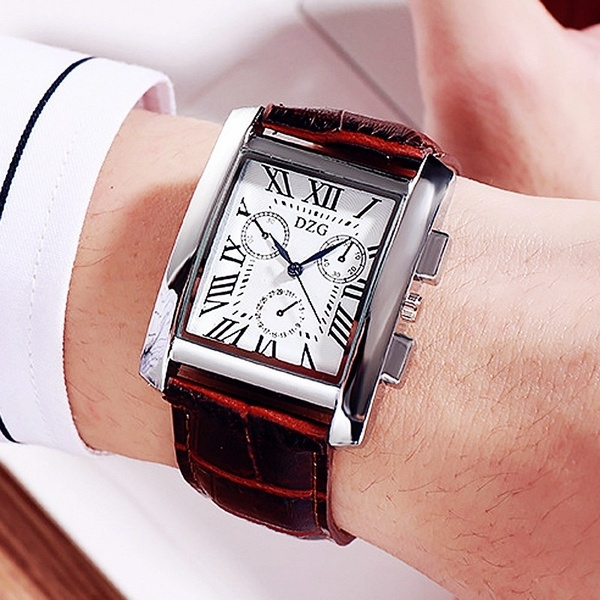 DZG Men Quartz Watch Luxury Leather Strap Square Dial Watch 