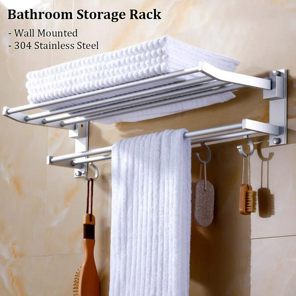 Bathroom Shelf Rack Grip Storage Wall Mount Holder Double Chrome Stainless Steel Mounted Towel Rail Household Supplies Wish - Wall Mounted Bathroom Shelf Unit Towel Rail Rack