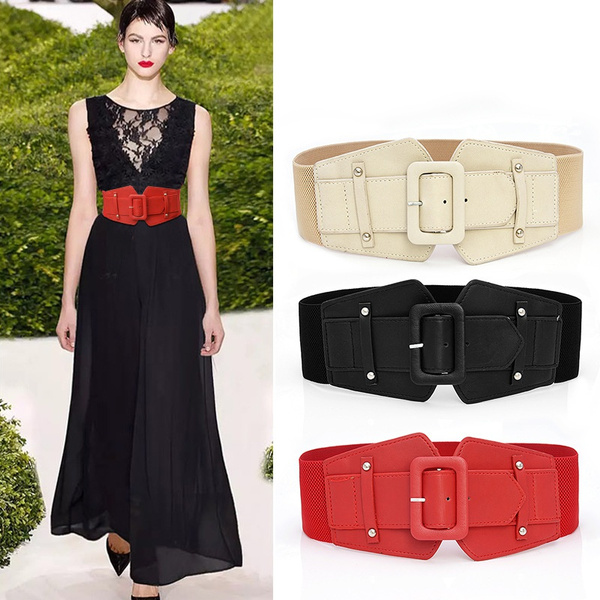 Ladies Waist Belts Womens Fashion Black Red Solid Stretch Elastic Wide Belt  Female Dress Adornment for Women Waistband