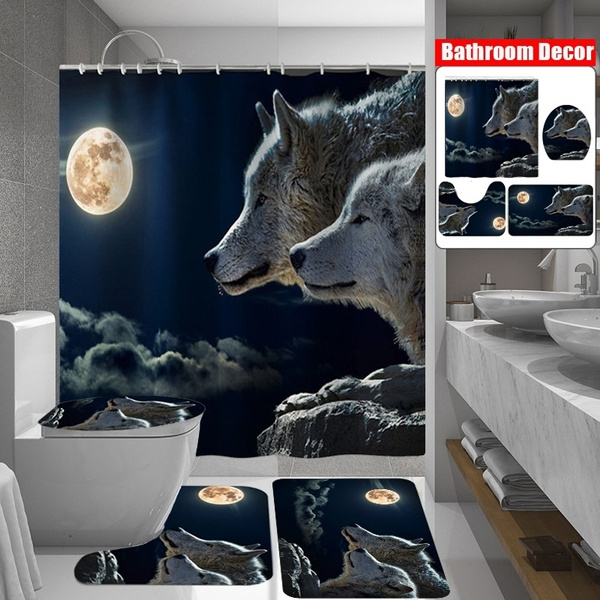 Non Slip Mats Bath Carpets Toilet Seat, Wolf Shower Curtain