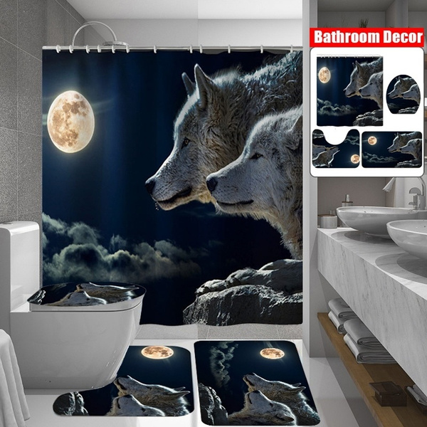 Fashion Wolf Bathroom Set Waterproof 1 8 8m Shower Curtain Non Slip Mats Bath Carpets Toilet Seat Cover Floor Mat Pedestal Rug Decor Wish Non Slip Mats Bath Carpets Toilet Seat, Wolf Shower Curtain