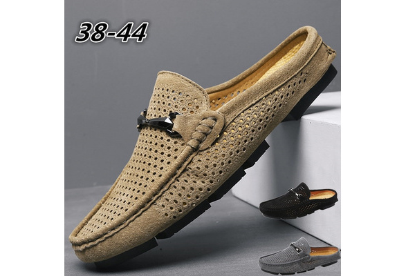 Men's Perforated Leather Horsebit Open Back Driving Loafers Mens  Lightweight Mules Male Breathable Backless Dress Shoes Summer Genuine  Leather