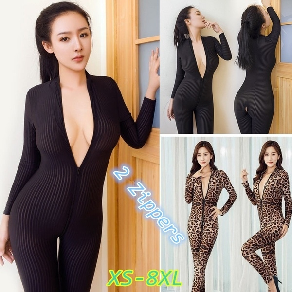 Womens Sexy Deep V Neck Catsuit Jumpsuit, Long Sleeve Zipper