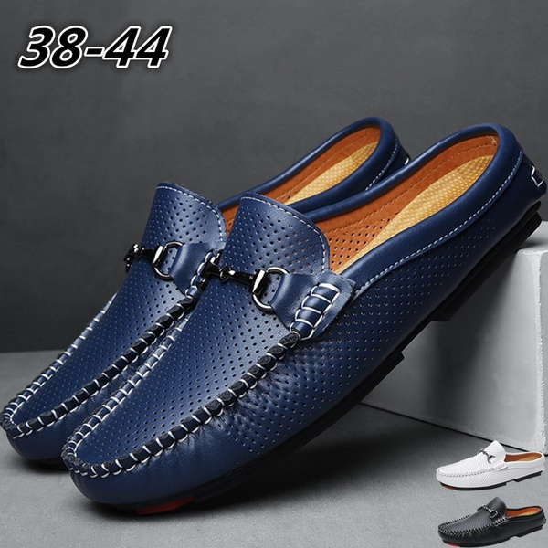 Men's Genuine Leather Open Back Loafers Mens Lightweight Mules Male  Backless Dress Shoes Black/White/Brown Size 38-44